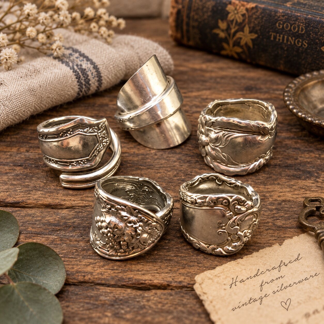 A varied collection of handcrafted spoon rings